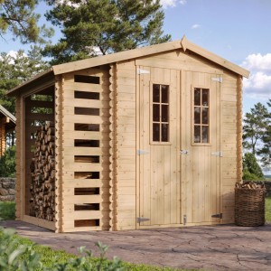 Drevený záhradný domček Timbela M386C s regálom na drevo, 4,5 m², neošetrený, bez podlahy.