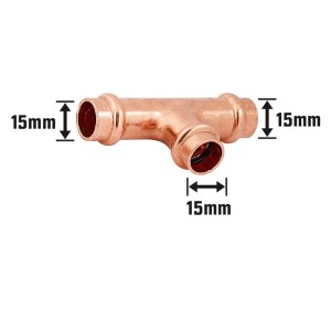 Medený lisovací T-kus, priemer 15 mm pre potrubné systémy v kúrení, solárnych a sanitárnych aplikáciách.