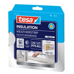 tesa Insulation Premium silikónové tesnenie, priehľadné, 6m rolka v modrom obale. Tesní okná a dvere, medzery 1-7mm.