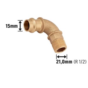 Lisované koleno 90 stupňov z červeného bronzu, 15 mm x 21 mm (R 1/2) pre medené rúrky.