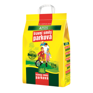 Žlté balenie trávneho semena AROS Parková, 5 kg pre 200 m² trávnika.