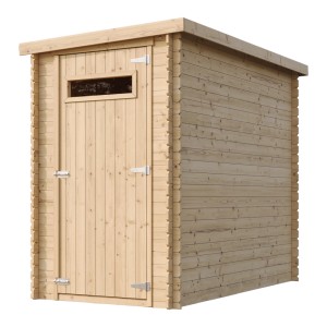 Drevený záhradný domček Timbela M306A, 2,63 m², neošetrený, s plochou strechou a dverami.