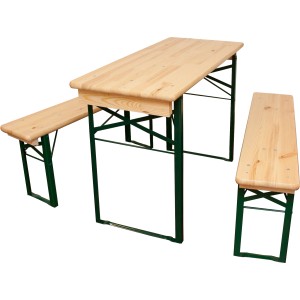 Malá pivná súprava na balkón/terasu so stolom šírky 60 cm, drevenými doskami a zeleným oceľovým rámom.