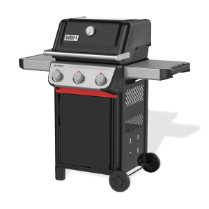 Weber plynový gril E-310 Spirit 2025, čierny, s 3 horákmi a bočnými stolíkmi.
