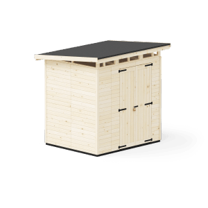 Záhradný domček Upyard Strongbox L, 203x163 cm, prírodné drevo s dvojkrídlovými dverami a plochou strechou.