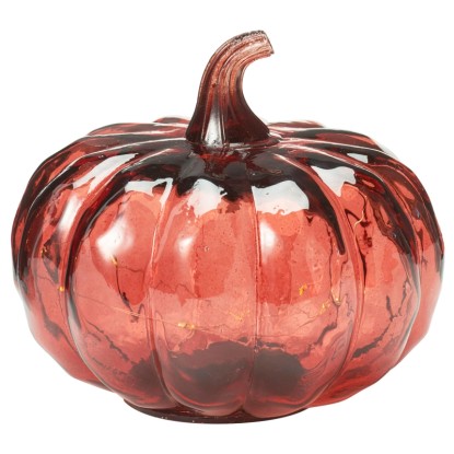 Červená sklenená tekvicová lampa s LED osvetlením, 15 cm, dekoratívna figúrka na jeseň a Halloween.