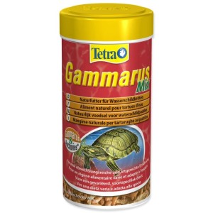 Červeno-žltá nádoba Tetra ReptoDelica Gammarus Mix 250 ml krmiva pre plazy s obrázkom korytnačky.