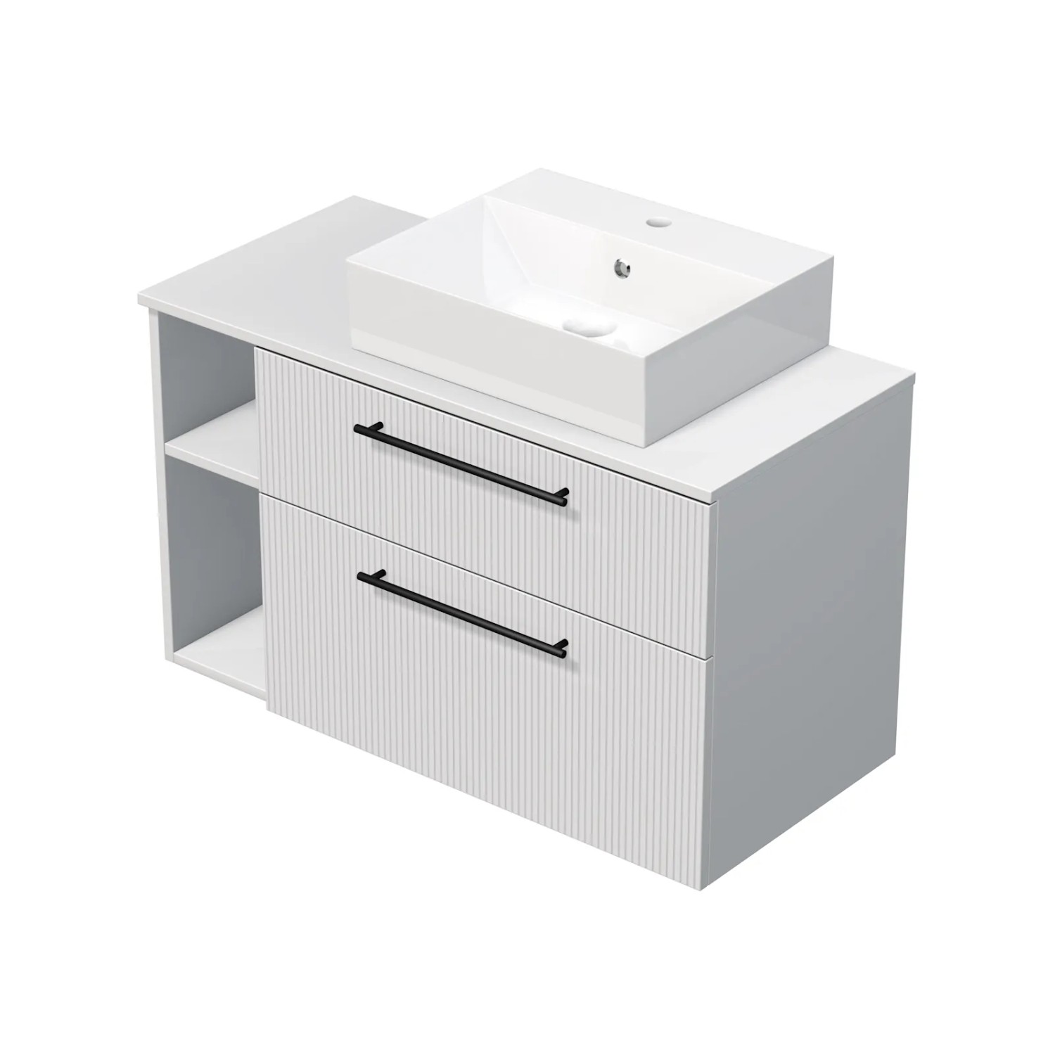 E-shop INTEDOOR Skriňa+umývadlo BEE, úchyt čierny, š.100cm, regál vľavo, biela 3D pruhy