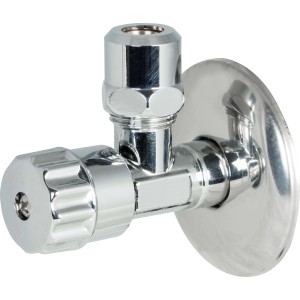 Chrómovaný rohový ventil pre práčku s rozetou, pripojenie 16,7 mm (R 3/8) x 10 mm.