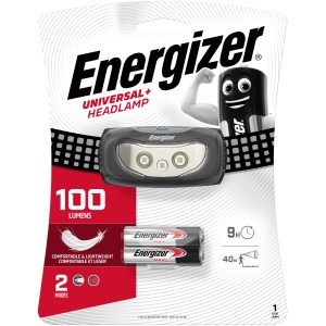 Čelovka Energizer Universal+ s 2 AAA batériami, 100 lúmenov, 2 režimy svietenia.