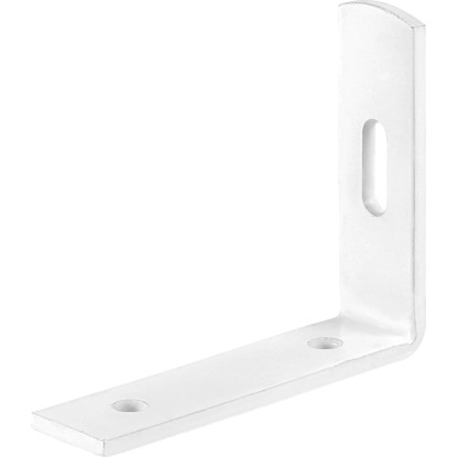 Biely práškovo lakovaný uholník na záclony, 95x55x13 mm, s pozdĺžnym otvorom na nastavenie.