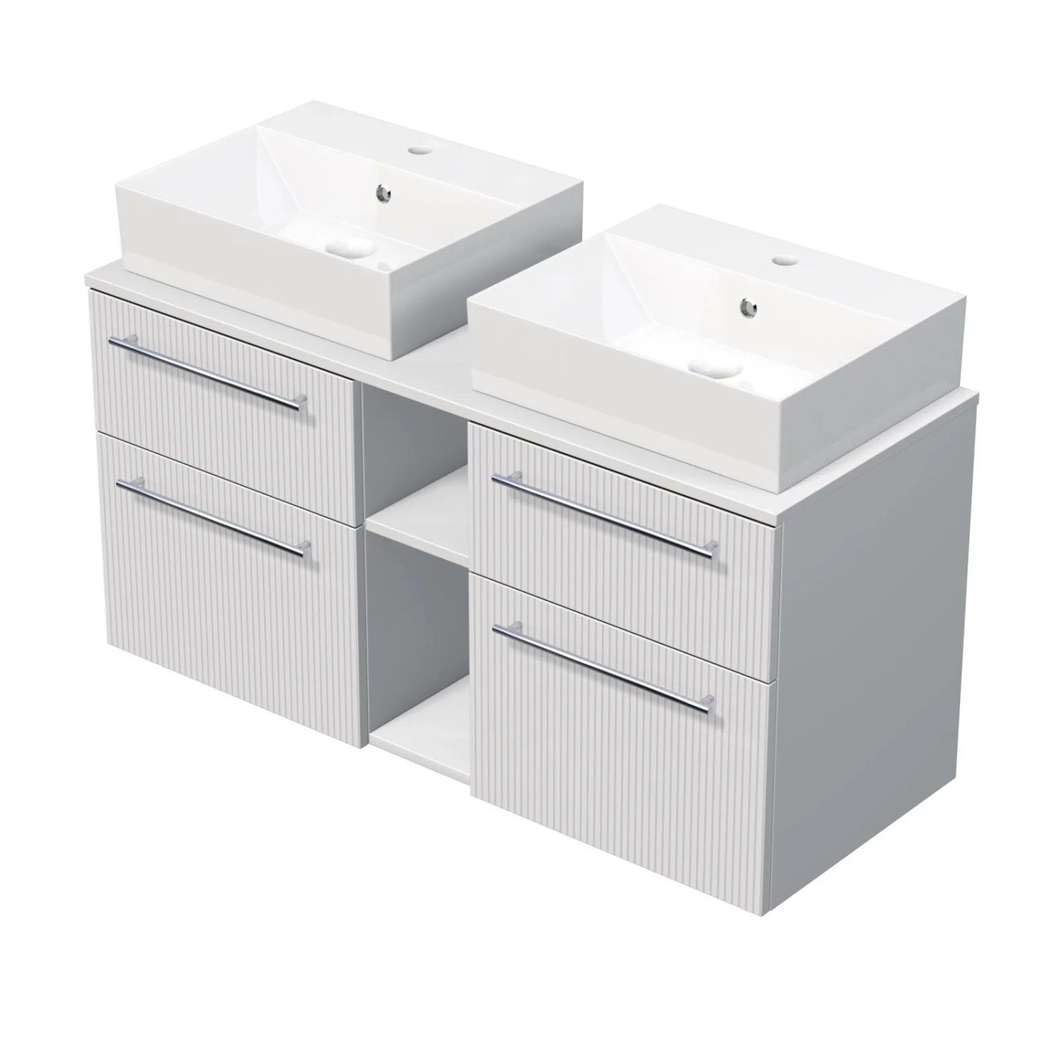 E-shop INTEDOOR Skriňa+2umývadlá BEE, úchyt chróm, š.120cm, regál stred, biela 3D pruhy