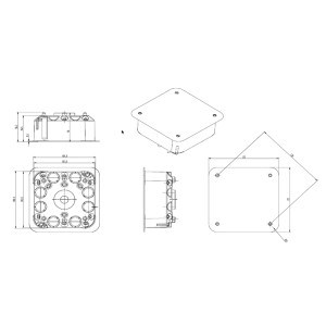 Technický výkres: Inštalačná krabica do dutých stien 115x115x47mm, oranžová/biela, IP30, s rozmermi.