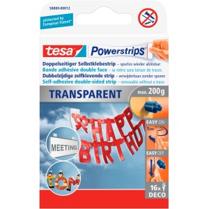 Tesa Powerstrips Deco Transparent, 16 kusov, pre bezzvyškové upevnenie dekorácií do 200g.