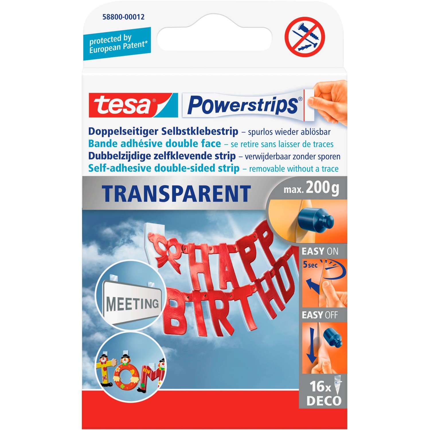 E-shop tesa Priehľadné dekoračné lepiace prúžky Powerstrips, 16 ks