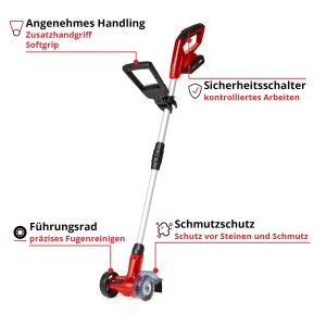 Akumulátorový čistič škár Einhell GC-CC 18 Li Kit s batériou, červený, s teleskopickou rukoväťou a vodiacim kolieskom.