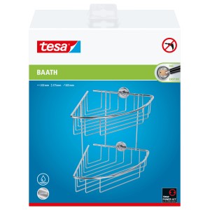 Tesa Baath Plus rohová sprchová polica, chrómovaná, na montáž na stenu bez vŕtania.