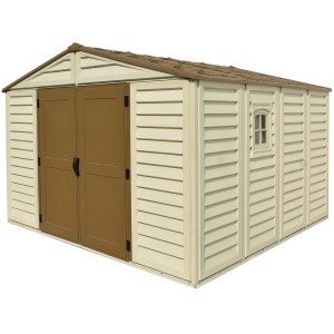 Duramax WoodBridge Plus 10 m² plastový záhradný domček s dvojkrídlovými dverami a oknom.