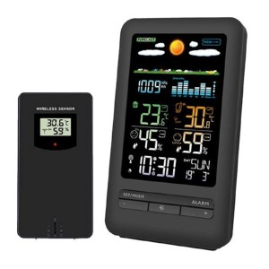 Čierna meteostanica t.b.t. s vonkajším senzorom a digitálnym displejom teploty, vlhkosti a predpovede počasia.