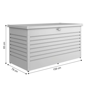 Strieborný úložný box Biohort 160 High (83x159x79cm) na uloženie záhradného náradia.