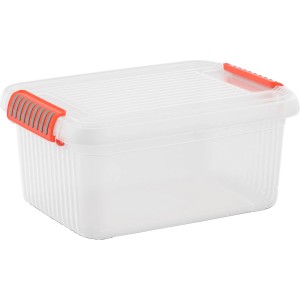 Priehľadný úložný box K-Latch S s vekom a oranžovými uzávermi.