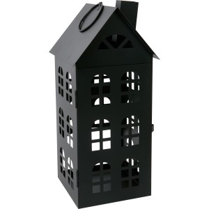 Čierna kovová lampa v tvare domu, výška 37 cm, vianočná dekorácia.