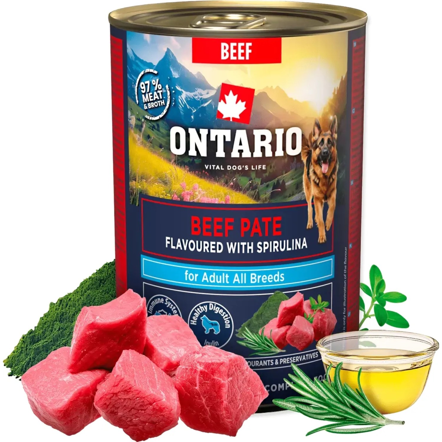 ONTARIO Konzerva pre psov Adult hovädzie pate s príchuťou spiruliny 400 g