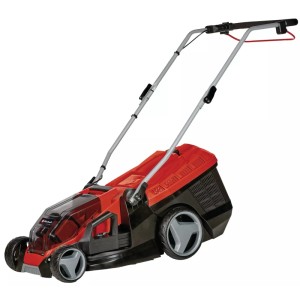 Akumulátorová kosačka na trávu Einhell Power X-Change GE-CM 36/350 Li M Kit, červeno-čierna, so zberným košom a batériami.