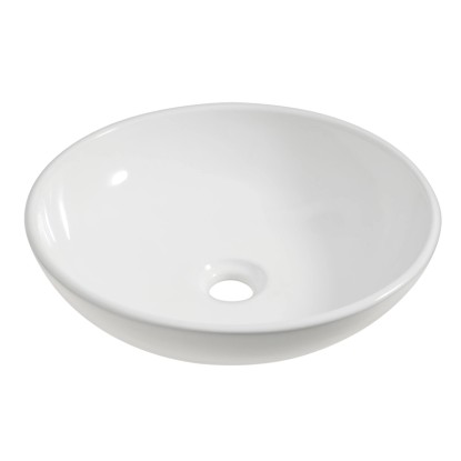Biele okrúhle umývadlo na dosku (Ø 42 cm) z keramiky, bez otvoru pre batériu a prepadu.