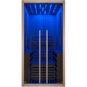 Infračervená kabína Sanotechnik Carbon 1 pre 1 osobu s LED hviezdnym nebom a sklenenými dverami.