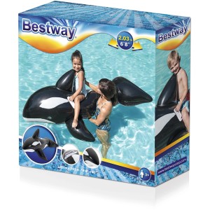 Balenie plávacieho zvieraťa Bestway Jumbo Veľryba XL, 203x102 cm, s dieťaťom a dospelým v bazéne.