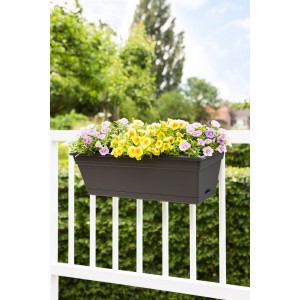 Antracitový kvetináč Florus (50 cm) so žltými a fialovými kvetmi na balkónovom zábradlí.