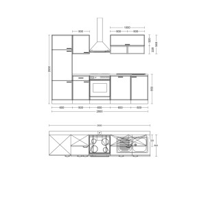 Technický výkres kuchynskej linky Flex-Well Creso 280 cm s rozmermi, čelný a horný pohľad.