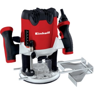Einhell horná fréza TE-RO 1255 E, červeno-čierna, s príslušenstvom na hobľovanie a frézovanie.