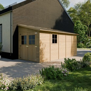 Drevený záhradný domček Timbela M341, 10 m², s dvojkrídlovými dverami a oknom, prírodné prevedenie.