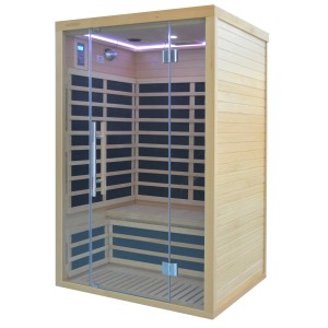 t.b.t. Infračervená sauna zo svetlého dreva so sklenenými dverami a ovládacím panelom.