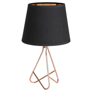 Moderná nočná lampa s čiernym tienidlom a podstavou z ružového zlata.
