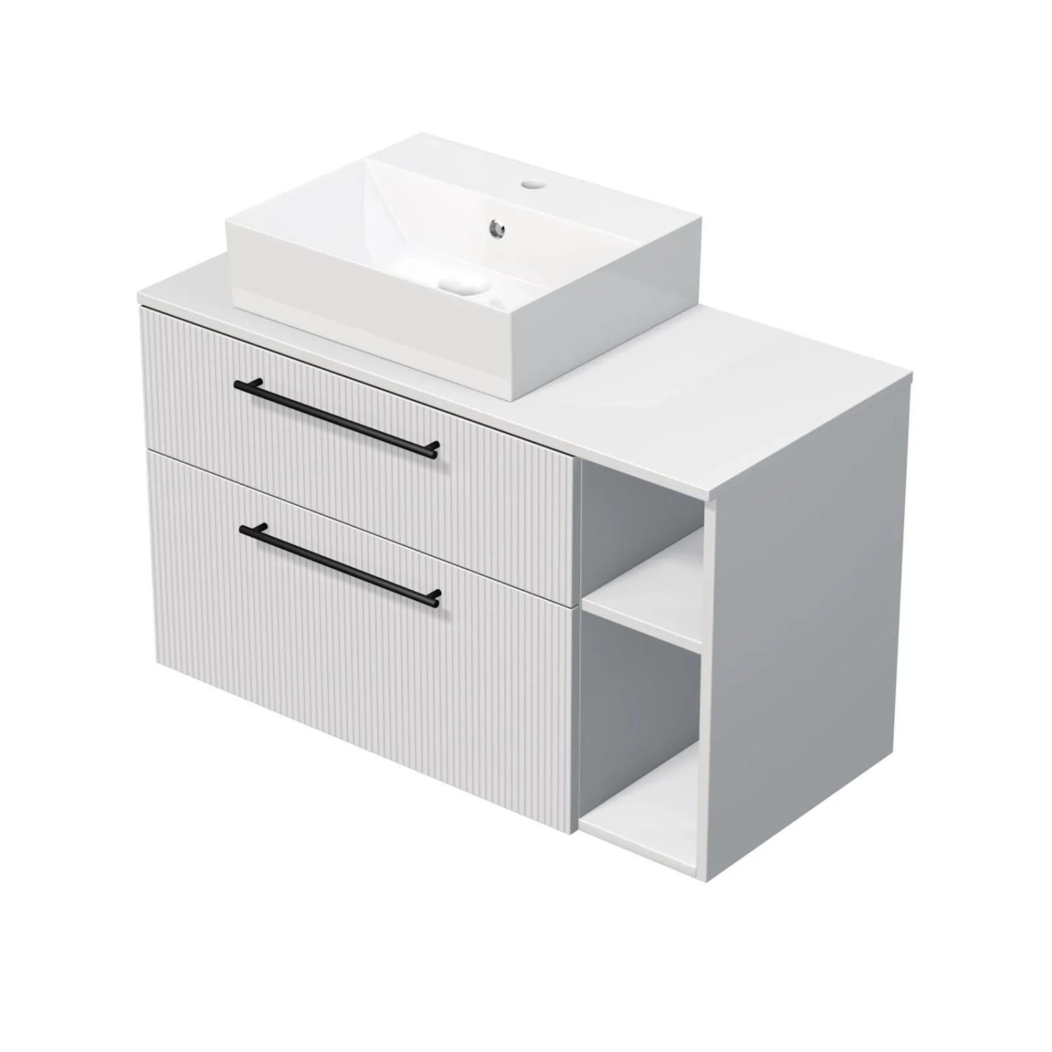E-shop INTEDOOR Skriňa+umývadlo BEE, úchyt čierny, š.100cm, regál vprav, biela 3D pruhy