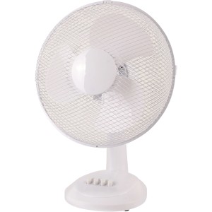Biely stolný ventilátor CMI, Ø 30 cm, s ochrannou mriežkou a tromi rýchlosťami.