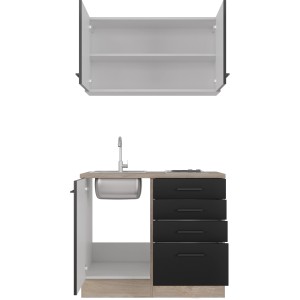 Flex-Well Minikuchyňa Capri 100 cm, čierna matná/dub, s drezom a varnou doskou.