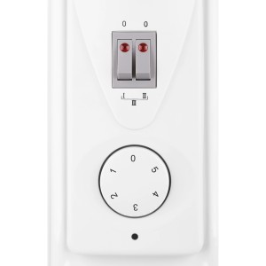 Detail: Ovládacie prvky olejového radiátora Karup 1 500 W s vypínačmi a termostatom.