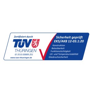 Certifikát TÜV Thüringen pre skleník Vitavia: bezpečnosť, nosnosť, odolnosť voči UV žiareniu a teplote.