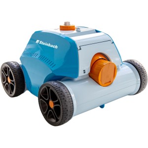 Bazénový robot Steinbach Poolrunner Battery + v modrej a šedej farbe s kolieskami.