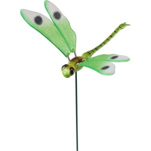 Zelená dekoratívna záhradná zápich vážka, výška 49 cm, s pohyblivými krídlami.