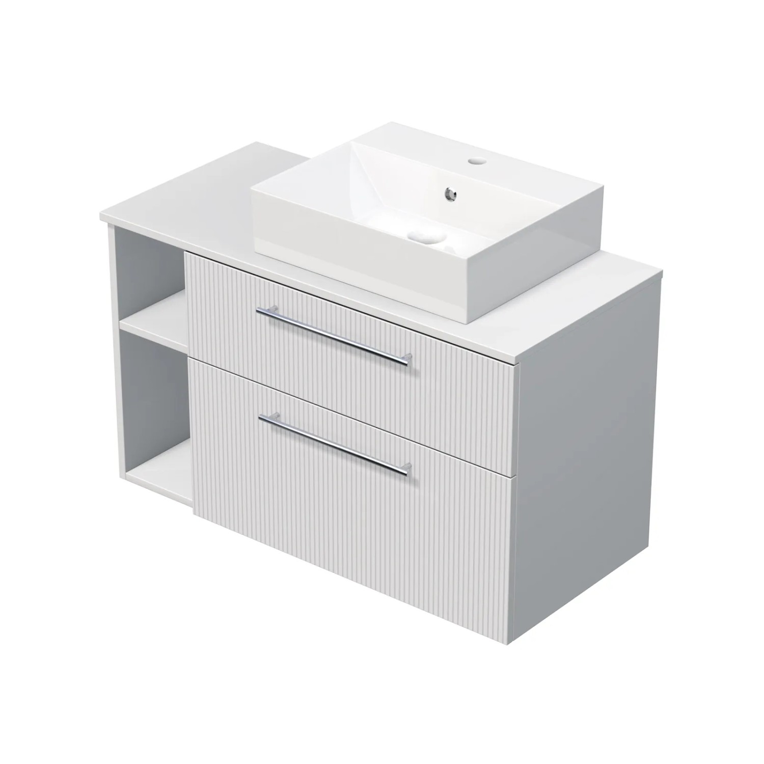 E-shop INTEDOOR Skriňa+umývadlo BEE, úchyt chróm, š.100 cm, regál vľavo, biela 3D pruhy