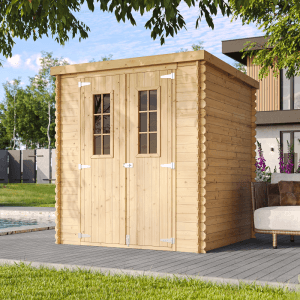 Béžovo-hnedý drevený záhradný domček Timbela M309C (3,53 m²) s dvojkrídlovými dverami a oknom.