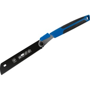 Modrá skladacia japonská píla LUX-TOOLS Kataba s čiernym 24 cm listom a zámkom na kov.
