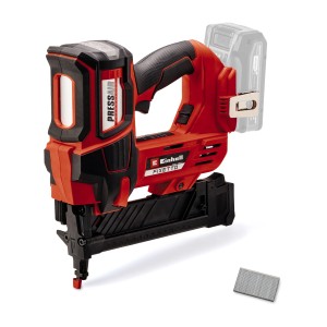 Akumulátorová sponkovačka Einhell Fixetto 18/38 S Professional, červeno-čierna, so sponkami a sponou na opasok.