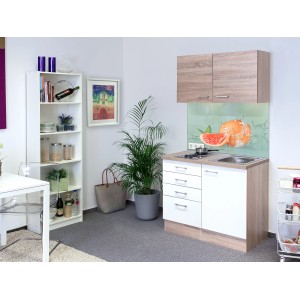 Flex-Well Florida Mini kuchynka, 100 cm, biela/dub Sonoma, s varnou doskou a drezom. Kompaktná kuchynka pre jednotlivcov.