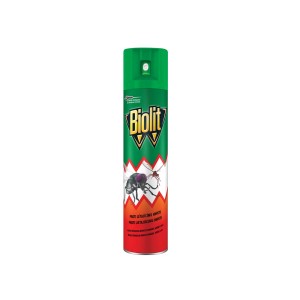 Biolit sprej proti lietajúcemu hmyzu, zelená dóza s motívom muchy.